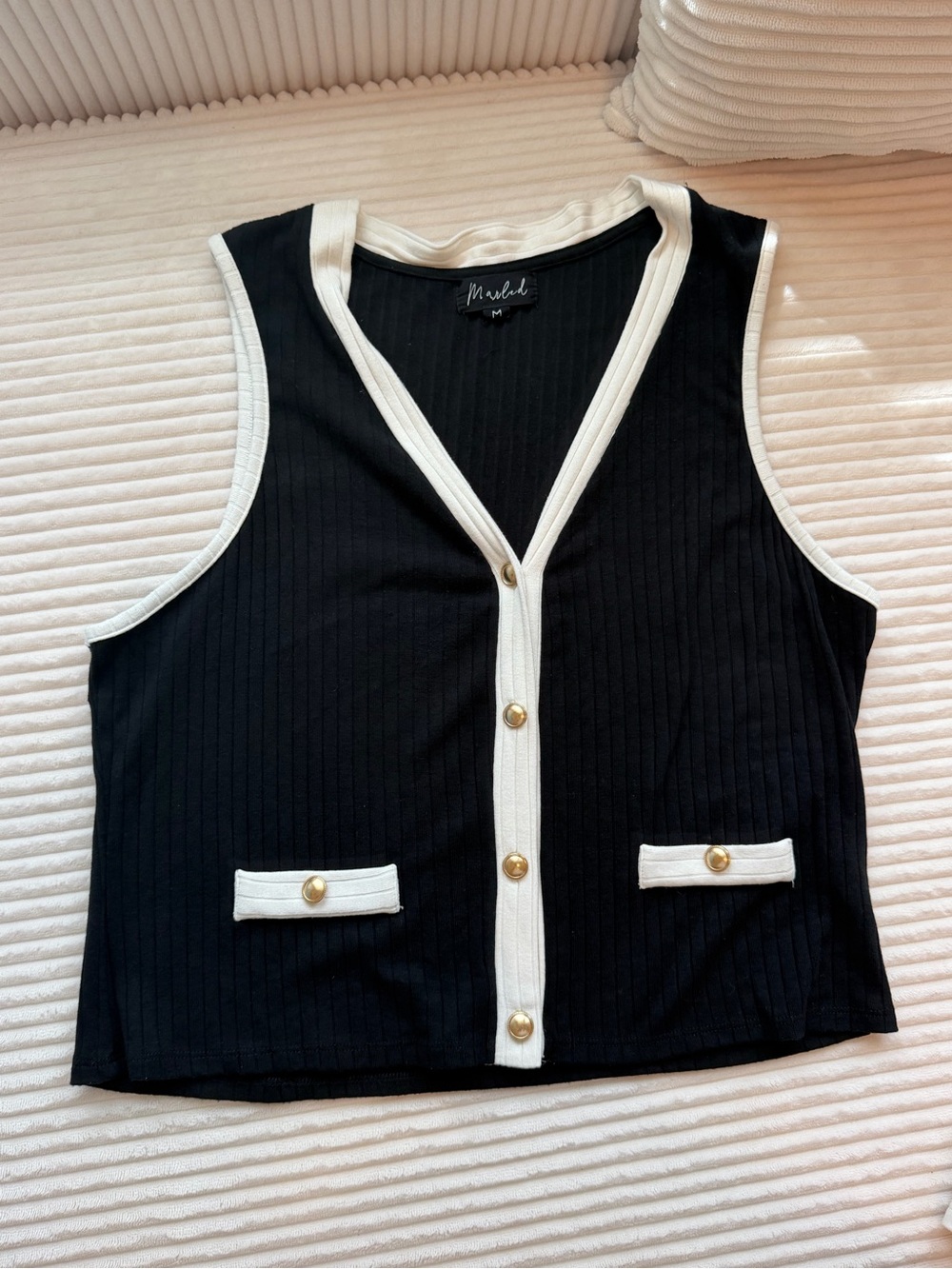 Marled Black Ivory Contrast Trim Gold Button Sweater Vest Medium